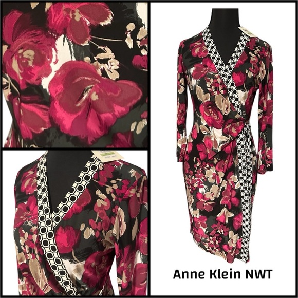 NWT Anne Klein Gorgeous Floral Wrap Dress with Geometric Neckline & Tie - Picture 1 of 9